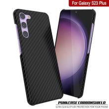 Cargar imagen en el visor de la galería, Funda Galaxy S23+ Plus, Punkcase CarbonShield, resistente y ultradelgada de 2 capas de cuero sintético negro azabache (estilo de fibra de carbono).