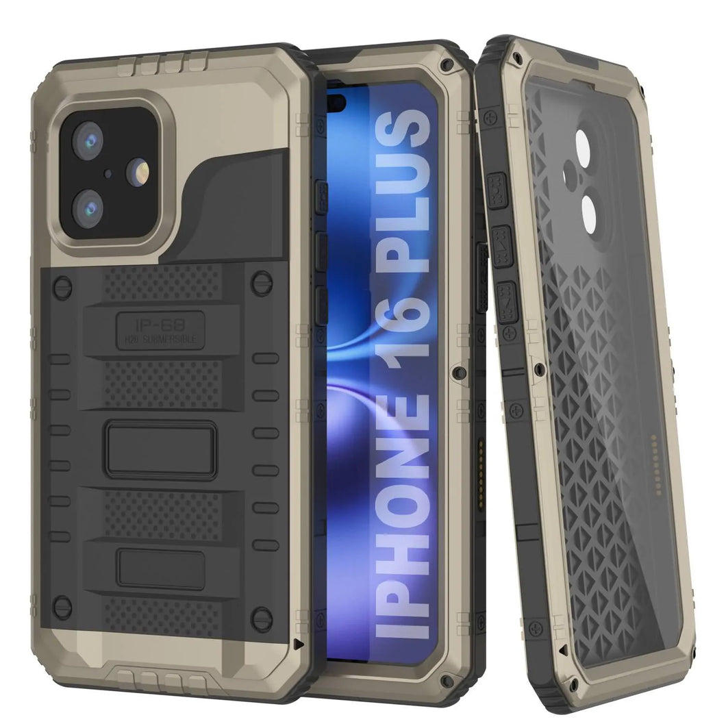 Case impermeable de aluminio de iPhone 16 Plus Metal Extreme 3.0 IP68 con protector de pantalla y Kickstand [dorado]