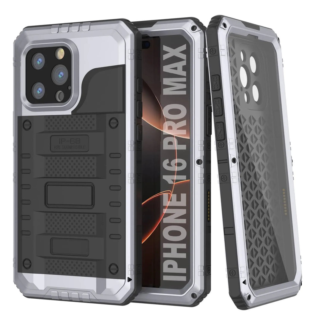 iPhone 16 Pro Max Metal Extreme 3.0 Estuche impermeable de aluminio IP68 con buillt en la pantalla Protector y Kickstand [blanco]