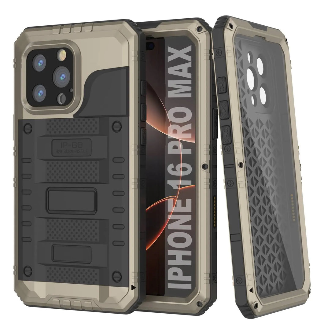 iPhone 16 Pro Max Metal Extreme 3.0 Estuche impermeable de aluminio IP68 con buillt en la pantalla Protector y Kickstand [dorado]