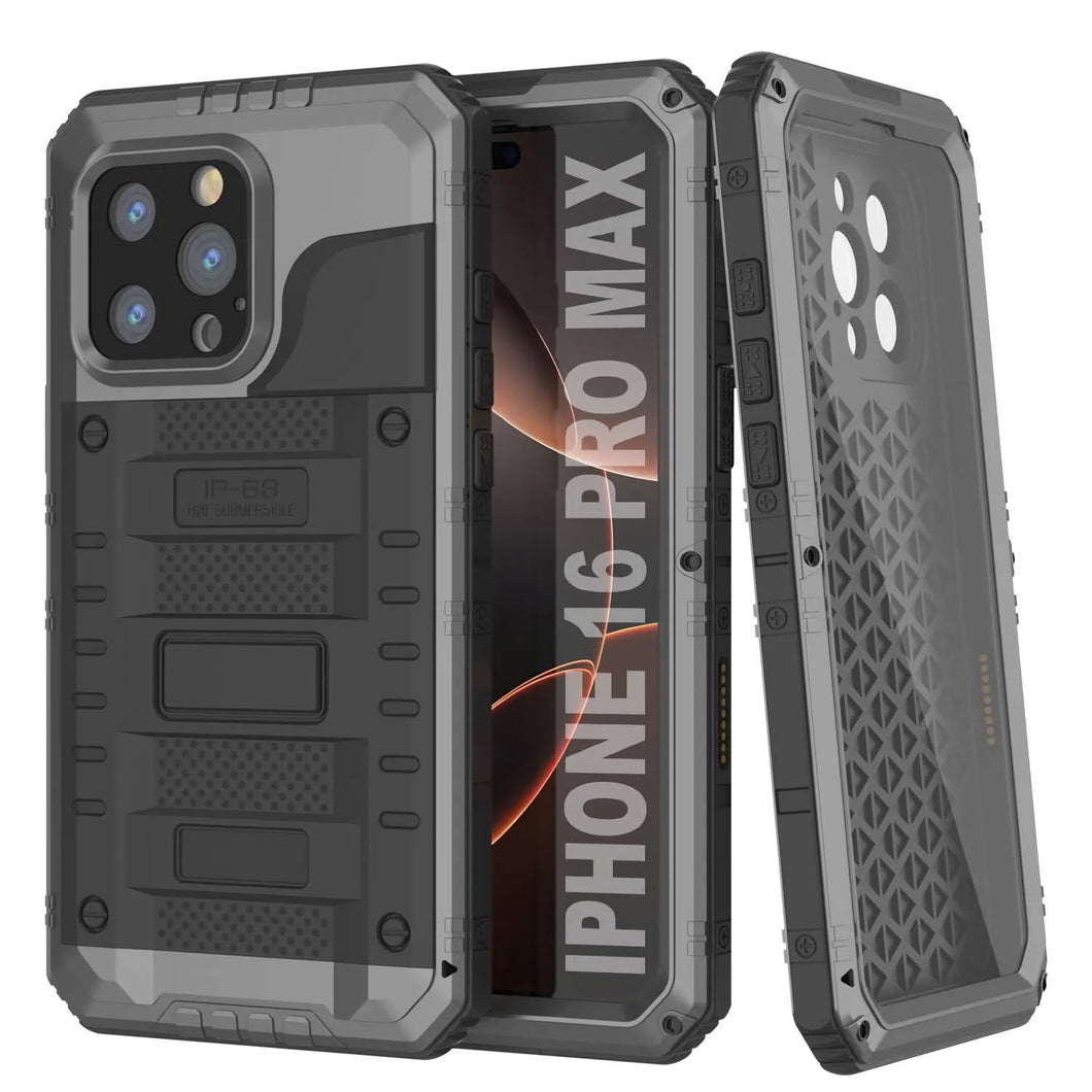 iPhone 16 Pro Max Metal Extreme 3.0 Estuche impermeable de aluminio IP68 con buillt en la pantalla Protector y Kickstand [Silver]