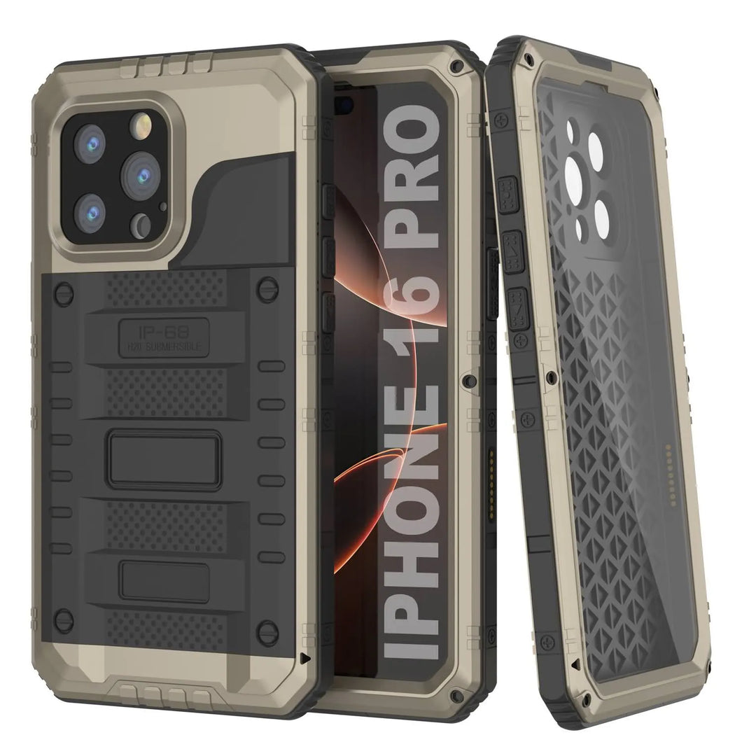 Case impermeable de aluminio de la serie iPhone 16 Pro Metal 3.0 IP68 con protector de pantalla y Kickstand [dorado]
