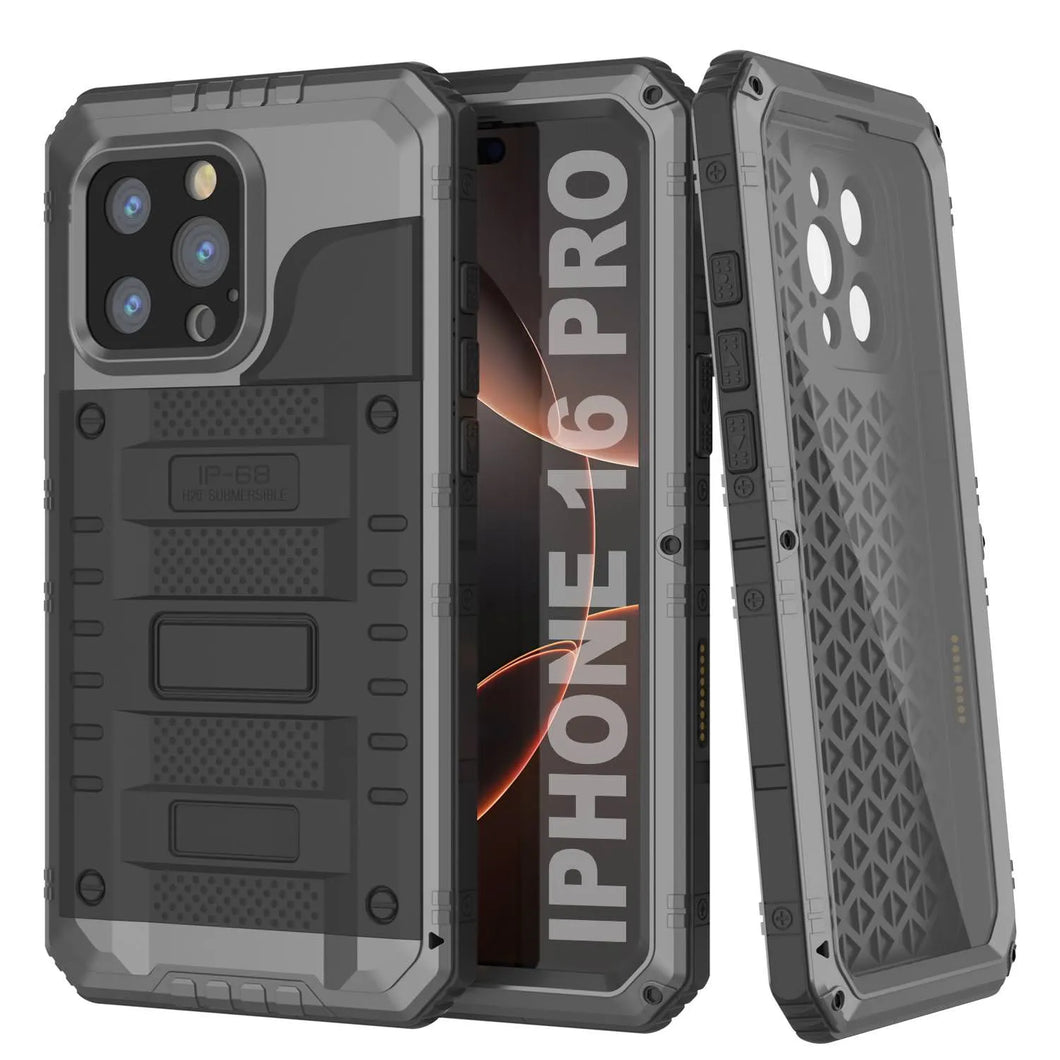 Caso impermeable de aluminio de iPhone 16 Pro Metal Extreme 3.0 IP68 W/Buillt en la pantalla Protector y Kickstand [Silver]