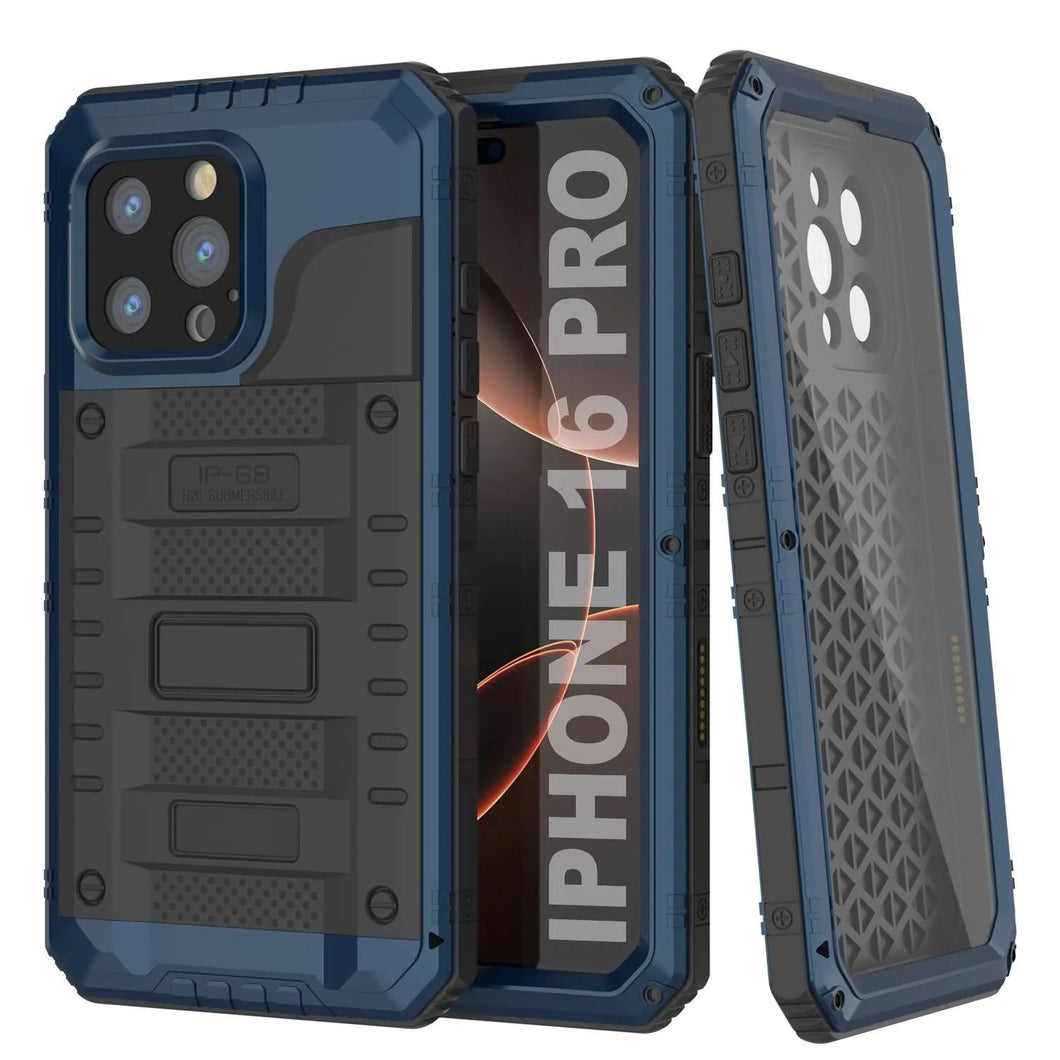 Caso impermeable de aluminio de la serie iPhone 16 Pro Metal Extreme 3.0 IP68 w/buillt en la pantalla Protector y Kickstand [azul]