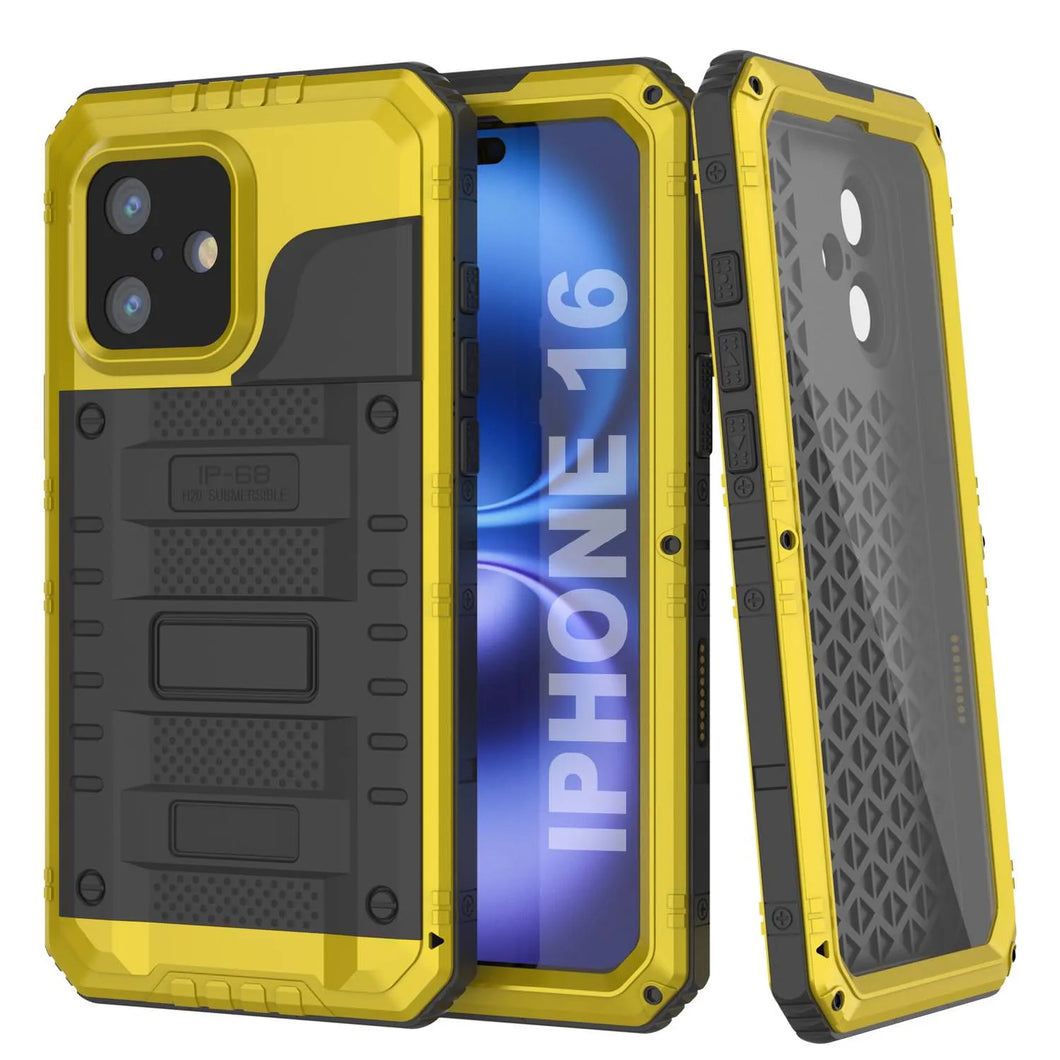 Case impermeable de aluminio de la serie Extreme 3.0 iPhone 16 con protector de pantalla y patada [amarillo]