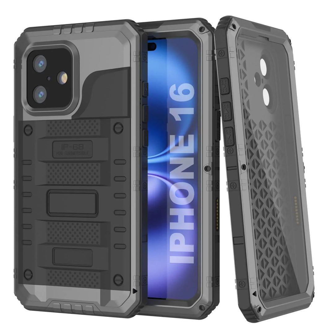 Case impermeable de aluminio de la serie Extreme 3.0 iPhone 16 con protector de pantalla y patada [plata]