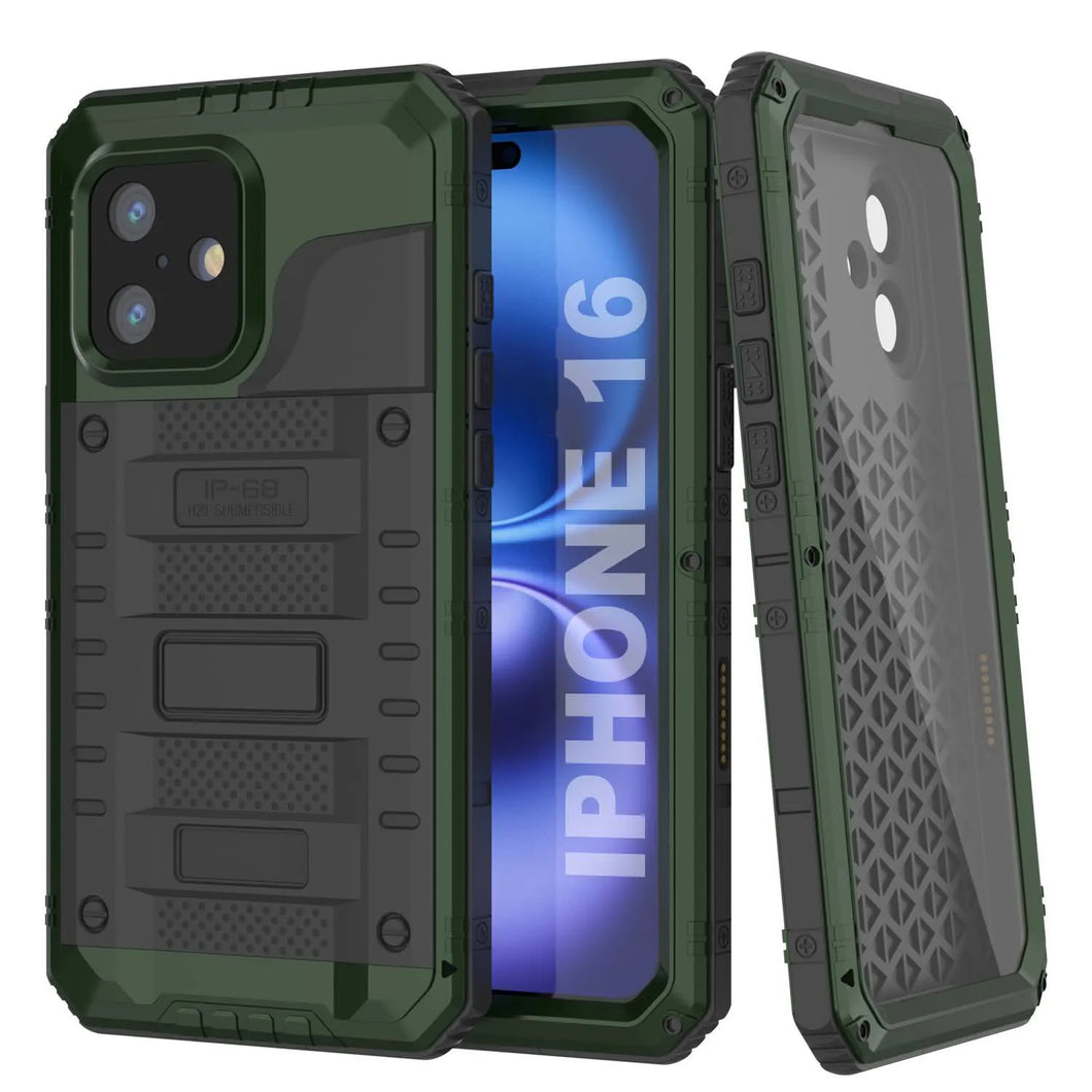 Caso impermeable de aluminio de iPhone 16 Metal Extreme 3.0 IP68 con protector de pantalla y Kickstand [Dark-Green]