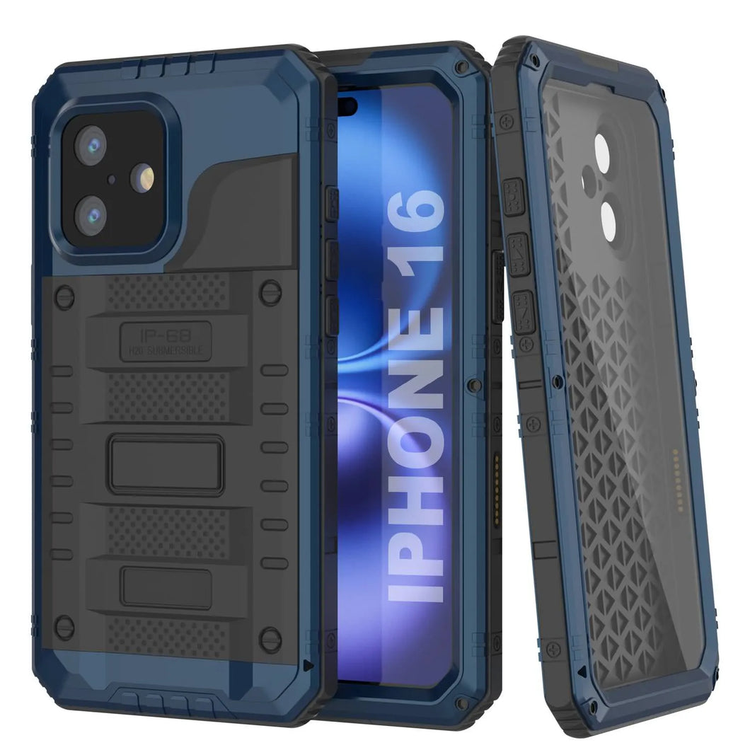 Case impermeable de aluminio de la serie Extreme 3.0 iPhone 16 con protector de pantalla y Kickstand [azul]