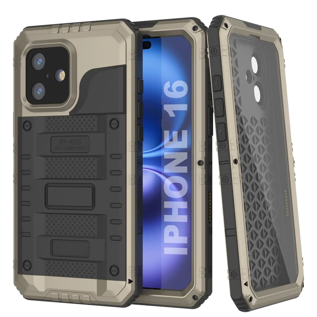 Case impermeable de aluminio de la serie Extreme 3.0 iPhone 16 con protector de pantalla y patada [oro]