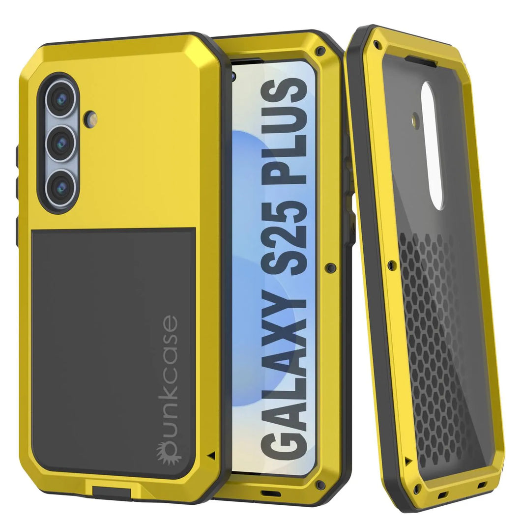 Galaxy S25 más estuche de metal, cubierta de armadura de grado militar de servicio pesado [prueba de choque] Cuerpo completo duro [amarillo]