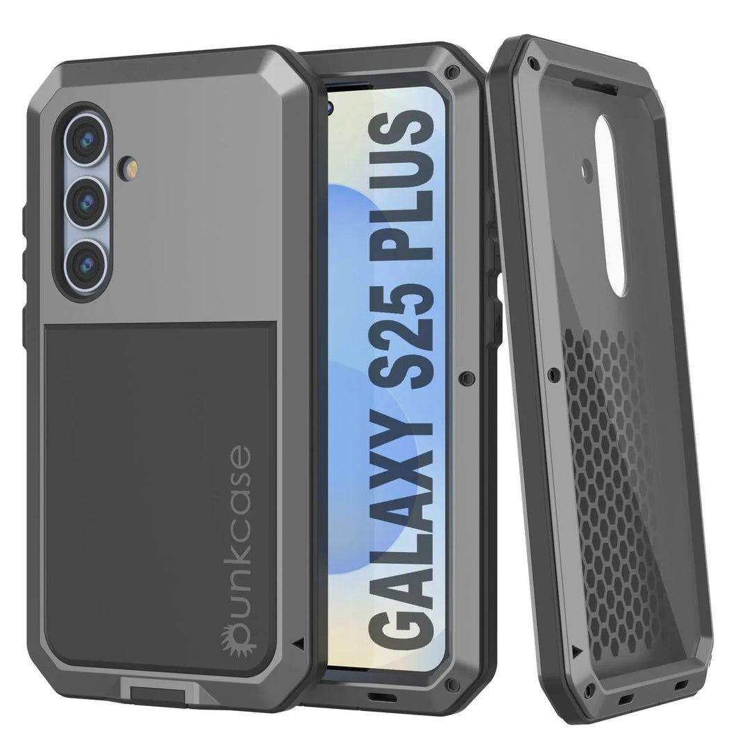 Galaxy S25 más estuche de metal, cubierta de armadura de grado militar de servicio pesado [prueba de choque] Cuerpo completo duro [plata]
