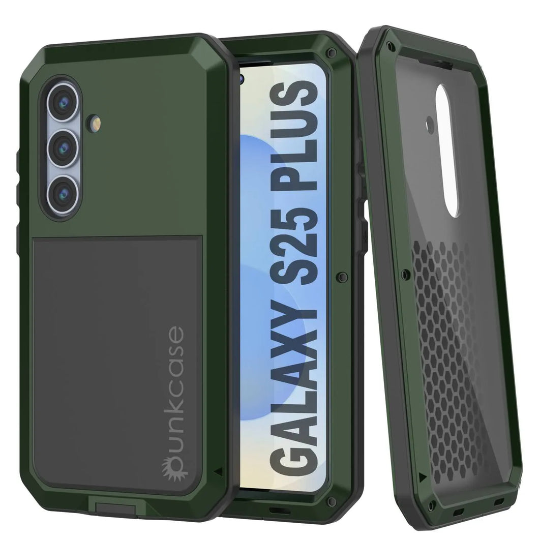 Galaxy S25 más estuche de metal, cubierta de armadura de grado militar de servicio pesado [prueba de choque] Cuerpo completo duro [verde oscuro]