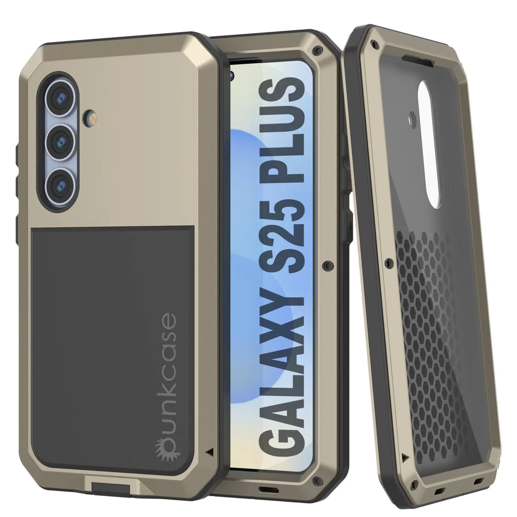 Galaxy S25 más estuche de metal, cubierta de armadura de grado militar de servicio pesado [prueba de choque] Cuerpo completo duro [oro]
