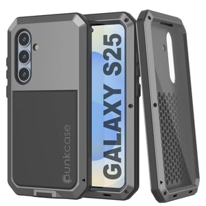 Case de metal Galaxy S25, cubierta de armadura de grado militar de alta resistencia [prueba de choque] Cuerpo completo duro [plata]