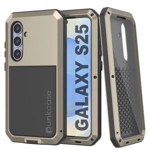 Case de metal Galaxy S25, cubierta de armadura de grado militar de servicio pesado [prueba de choque] Cuerpo completo duro [oro]
