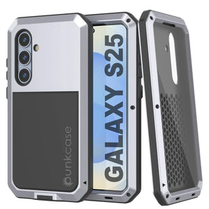 Case de metal Galaxy S25, cubierta de armadura de grado militar de alta resistencia [prueba de choque] Cuerpo completo duro [blanco]