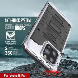 Caso impermeable de aluminio de la serie iPhone 16 Pro Metal 3.0 IP68 con protector de pantalla y Kickstand [blanco]