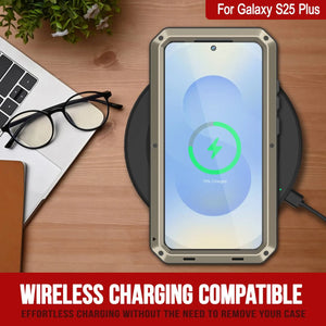 Galaxy S25 más estuche de metal, cubierta de armadura de grado militar de servicio pesado [prueba de choque] Cuerpo completo duro [oro]