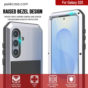 Case de metal Galaxy S25, cubierta de armadura de grado militar de alta resistencia [prueba de choque] Cuerpo completo duro [blanco]