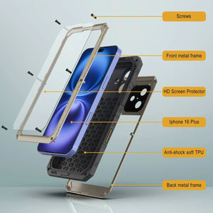 Case impermeable de aluminio de iPhone 16 Plus Metal Extreme 3.0 IP68 con protector de pantalla y Kickstand [dorado]