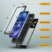 Cargar imagen en el visor de la galería, iPhone 16 Plus Metal Extreme 3.0 Serie Estuche impermeable de aluminio IP68 w/Buillt en la pantalla Protector y Kickstand [negro]

