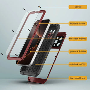 iPhone 16 Pro Max Metal Extreme 3.0 Estuche impermeable de aluminio IP68 con buillt en la pantalla Protector y Kickstand [rojo]