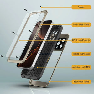 iPhone 16 Pro Max Metal Extreme 3.0 Estuche impermeable de aluminio IP68 con buillt en la pantalla Protector y Kickstand [dorado]