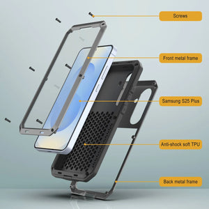 Galaxy S25 más estuche de metal, cubierta de armadura de grado militar de servicio pesado [prueba de choque] Cuerpo completo duro [plata]