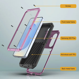 Galaxy S25 más estuche de metal, cubierta de armadura de grado militar de servicio pesado [prueba de choque] Cuerpo completo duro [rosa]
