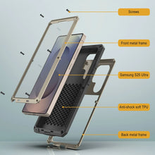 Cargar imagen en el visor de la galería, Caso de metal ultra Galaxy S25, cubierta de armadura de grado militar de servicio pesado [prueba de choque] Cuerpo completo duro [oro]
