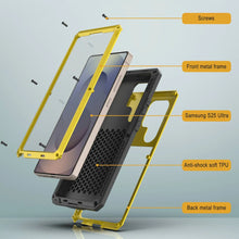 Cargar imagen en el visor de la galería, Caso de metal Ultra Galaxy S25, cubierta de armadura de grado militar de servicio pesado [prueba de choque] Cuerpo completo duro [amarillo]
