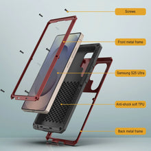 Cargar imagen en el visor de la galería, Caso de metal ultra Galaxy S25, cubierta de armadura de grado militar de servicio pesado [prueba de choque] Cuerpo completo duro [rojo]
