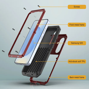 Case de metal Galaxy S25, cubierta de armadura de grado militar de servicio pesado [prueba de choque] Cuerpo completo duro [rojo]