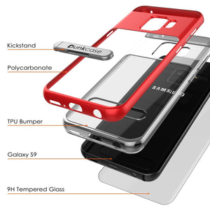 Galaxy S9 Case, PUNKcase [LUCID 3.0 Series] [Slim Fit] [Clear Back] Armor Cover w/ Integrated Kickstand, Anti-Shock System & PUNKSHIELD Screen Protector for Samsung Galaxy S9 [Red] (Color in image: Black)