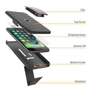 Punkcase iPhone 8 / 7 Case With Tempered Glass Screen Protector, Holster Belt Clip & Built-In Kickstand Non Slip Dual Layer Hybrid TPU Full Body Protection [Thin Fit] for Apple iPhone 7 & 8 [Black] 