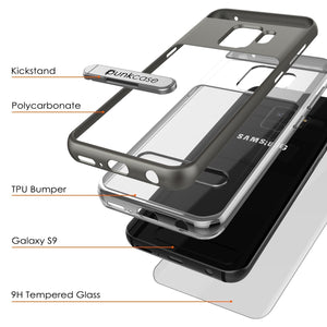 Galaxy S9 Case, PUNKcase [LUCID 3.0 Series] [Slim Fit] [Clear Back] Armor Cover w/ Integrated Kickstand, Anti-Shock System & PUNKSHIELD Screen Protector for Samsung Galaxy S9 [Grey] (Color in image: Black)