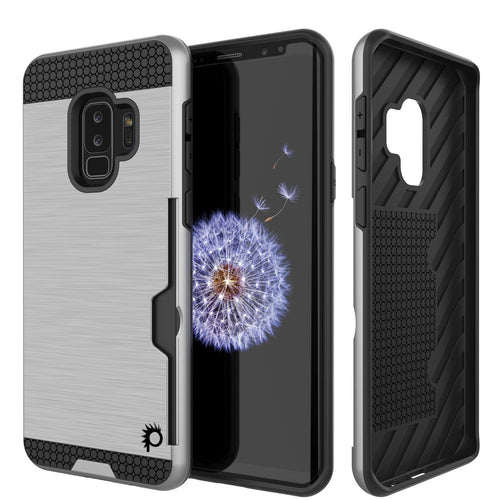 Galaxy S9 Plus Case, PUNKcase [SLOT Series] [Slim Fit] Dual-Layer Armor Cover w/Integrated Anti-Shock System, Credit Card Slot [Silver] (Color in image: Silver)