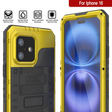 Cargar imagen en el visor de la galería, Case impermeable de aluminio de la serie Extreme 3.0 iPhone 16 con protector de pantalla y patada [amarillo]
