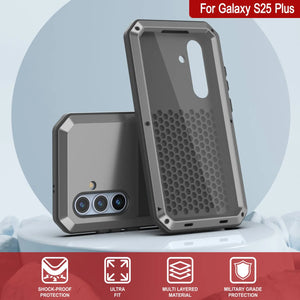 Galaxy S25 más estuche de metal, cubierta de armadura de grado militar de servicio pesado [prueba de choque] Cuerpo completo duro [plata]