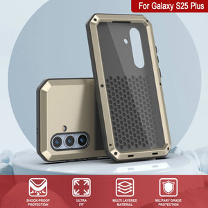Galaxy S25 más estuche de metal, cubierta de armadura de grado militar de servicio pesado [prueba de choque] Cuerpo completo duro [oro]