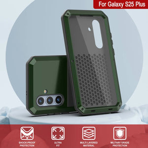 Galaxy S25 más estuche de metal, cubierta de armadura de grado militar de servicio pesado [prueba de choque] Cuerpo completo duro [verde oscuro]