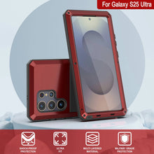 Cargar imagen en el visor de la galería, Caso de metal ultra Galaxy S25, cubierta de armadura de grado militar de servicio pesado [prueba de choque] Cuerpo completo duro [rojo]
