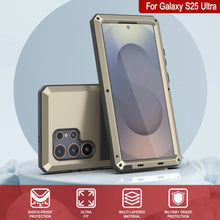Cargar imagen en el visor de la galería, Caso de metal ultra Galaxy S25, cubierta de armadura de grado militar de servicio pesado [prueba de choque] Cuerpo completo duro [oro]
