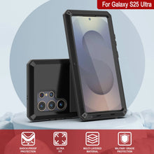 Cargar imagen en el visor de la galería, Caso de metal Ultra Galaxy S25, cubierta de armadura de grado militar de servicio pesado [prueba de choque] Cuerpo completo duro [negro]
