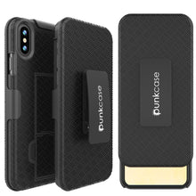 Cargar imagen en el visor de la galería, Punkcase iPhone X Case With Tempered Glass Screen Protector, Holster Belt Clip &amp; Built-In Kickstand Non Slip Dual Layer Hybrid TPU Full Body Protection [Thin Fit] for Apple iPhone 10 [Black] (Color in image: Black)

