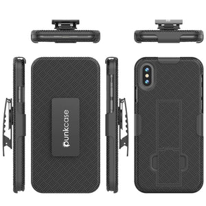 Punkcase iPhone X Case With Tempered Glass Screen Protector, Holster Belt Clip & Built-In Kickstand Non Slip Dual Layer Hybrid TPU Full Body Protection [Thin Fit] for Apple iPhone 10 [Black] 
