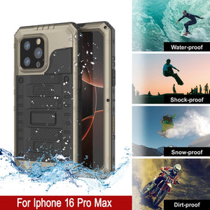 iPhone 16 Pro Max Metal Extreme 3.0 Estuche impermeable de aluminio IP68 con buillt en la pantalla Protector y Kickstand [dorado]