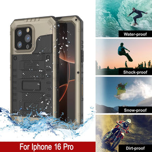 Case impermeable de aluminio de la serie iPhone 16 Pro Metal 3.0 IP68 con protector de pantalla y Kickstand [dorado]
