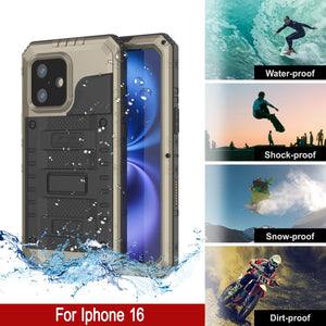 Case impermeable de aluminio de la serie Extreme 3.0 iPhone 16 con protector de pantalla y patada [oro]