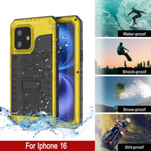 Cargar imagen en el visor de la galería, Case impermeable de aluminio de la serie Extreme 3.0 iPhone 16 con protector de pantalla y patada [amarillo]
